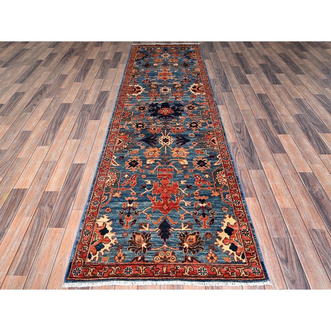 Imperial Blue Heriz All Over Design Hand Knotted Soft Wool Runner Rug - 2