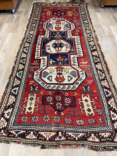 Early Dated 1882 Kazak Caucasian Rug-5057: Title:Early Dated 1882 Kazak Caucasian Rug-5057 Description:Beautiful early Kazak Caucasian Rug from southwest Caucasus, size 4 ft. 5 inches by 10 ft. 6 inches, circa dated 1300 Year of the hejire ,A.