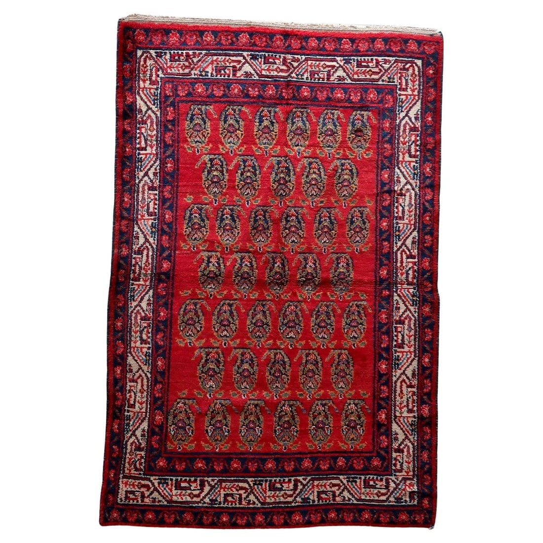 Handmade Vintage Persian Hamadan Rug 4.6' x 6.11 (137cm x 210cm), 1960s: Title:Handmade Vintage Persian Hamadan Rug 4.6' x 6.11 (137cm x 210cm), 1960s Origin:Middle East Dimension:4.6' x 6.11 (137cm x 210cm) Materials:wool Year:1960s Description:This captivating vintage Pe