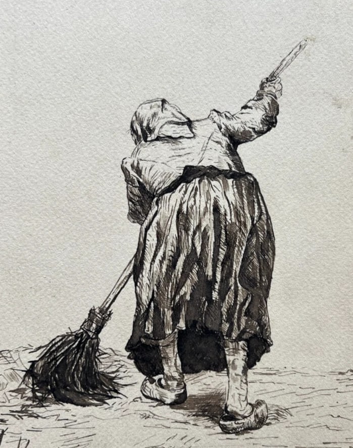 Vintage Drawing Original People, Woman, Portrait, Cleaning, Life signed Artwork: Title: Vintage Drawing Original People, Woman, Portrait, Cleaning, Life signed Artwork Description: Ink on paper 8.46 x 5.31 inches / 21.5 x 13.5 cm stains, laminated on paper Reserve: $200.00 