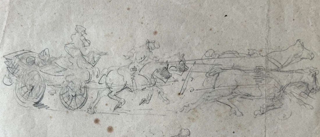 Vintage Drawing Original People, Horses, Carriage, Life Scene Artwork - 3