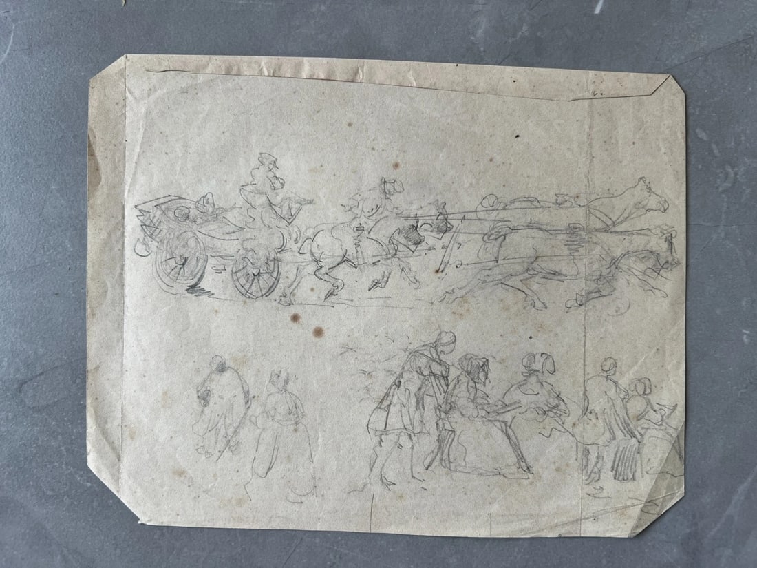Vintage Drawing Original People, Horses, Carriage, Life Scene Artwork - 7