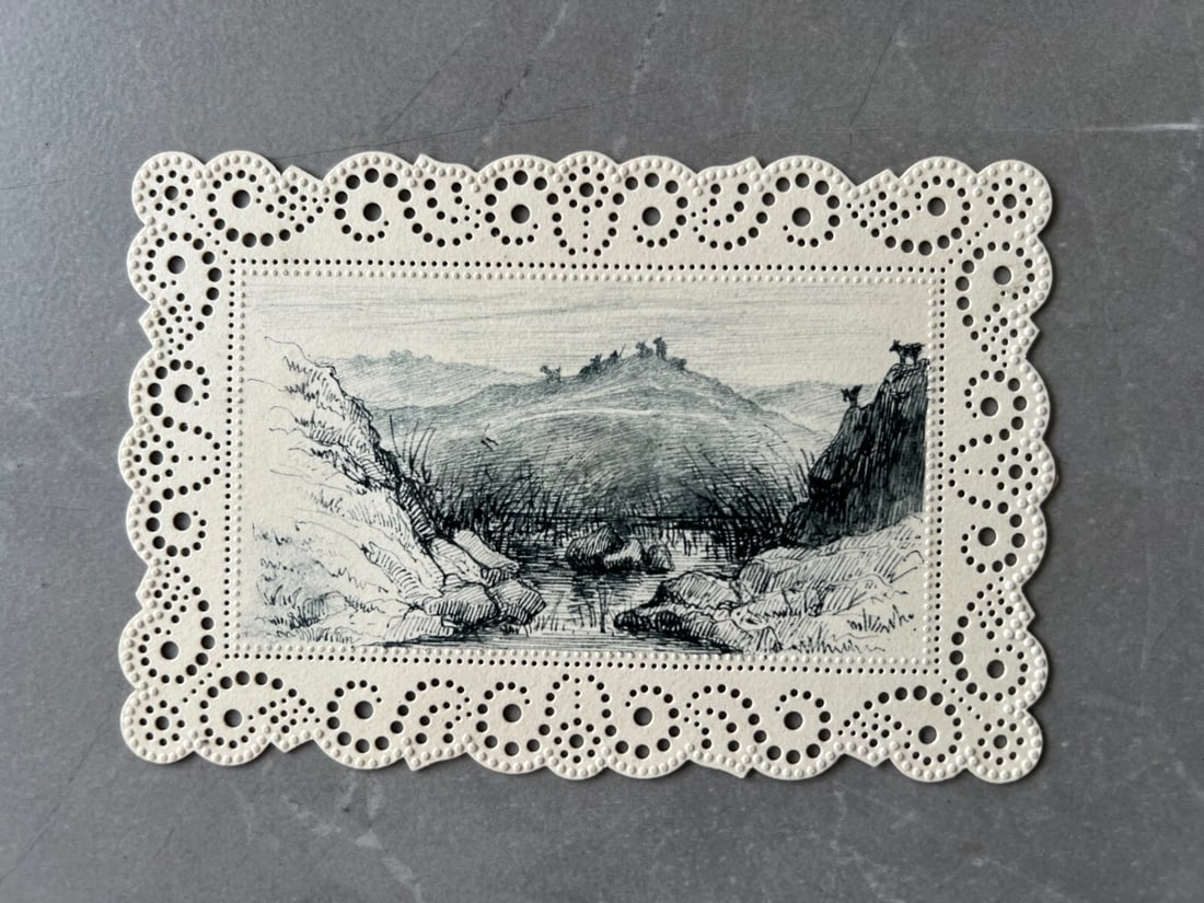 Vintage Drawing Original Landscape, Mountains, River, Animals 19th century - 2