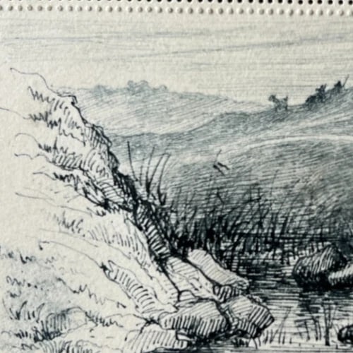 Vintage Drawing Original Landscape, Mountains, River, Animals 19th century - 6