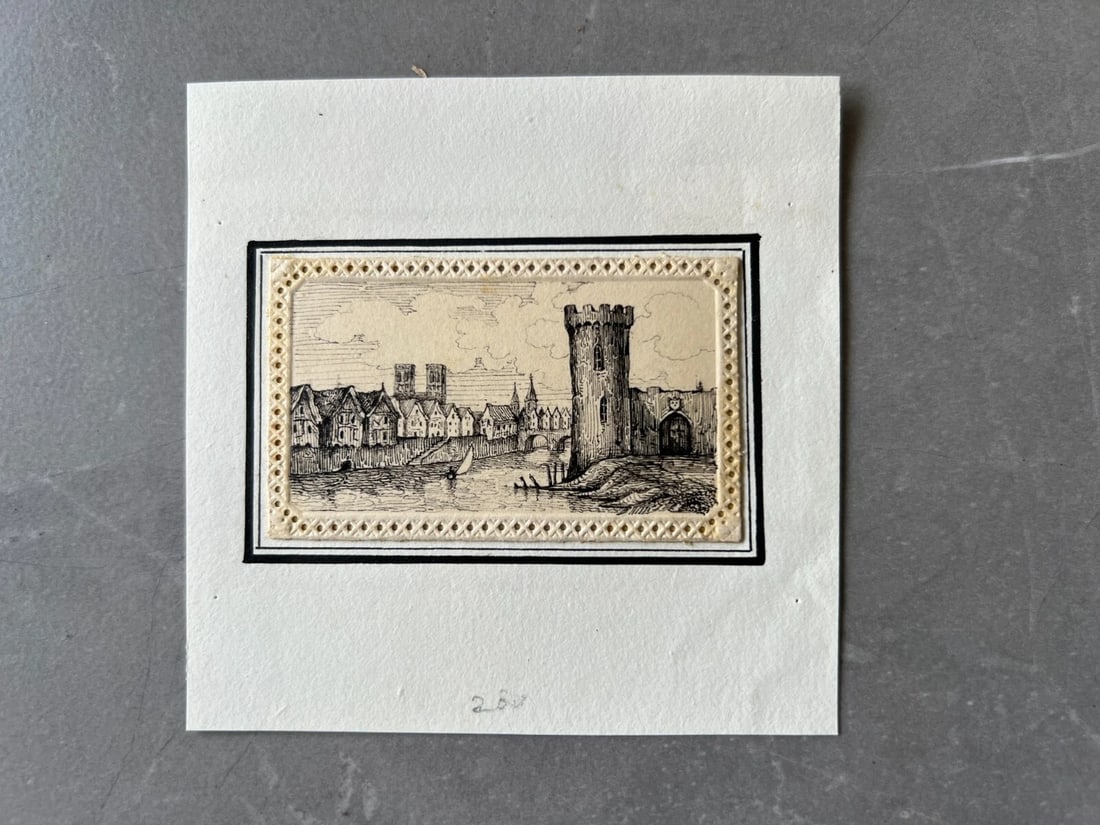 19th century Cityview, Houses, Town, Landscape, Castle Drawing Vintage Original - 2