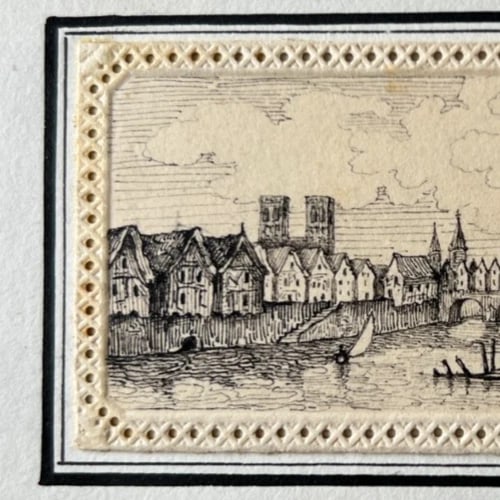19th century Cityview, Houses, Town, Landscape, Castle Drawing Vintage Original - 3