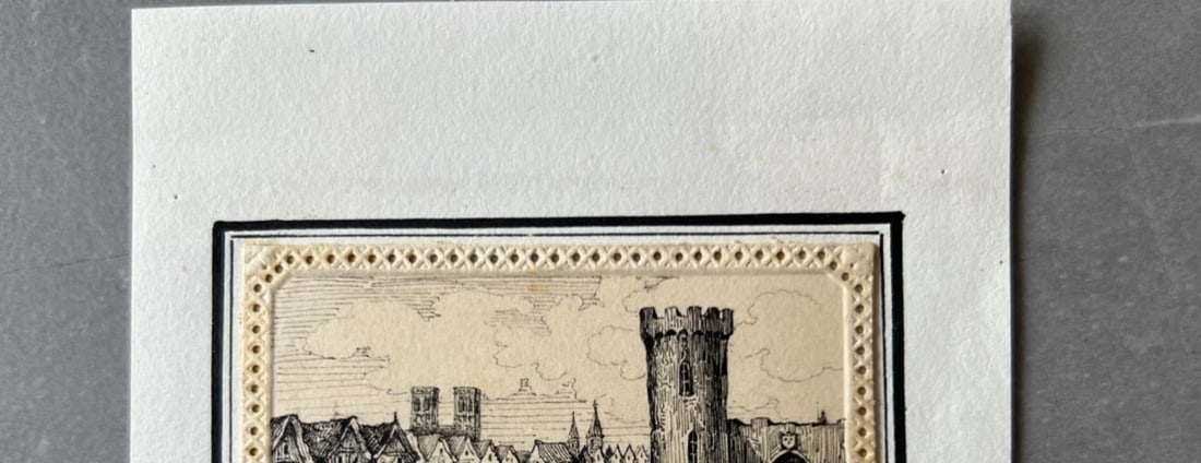 19th century Cityview, Houses, Town, Landscape, Castle Drawing Vintage Original - 6