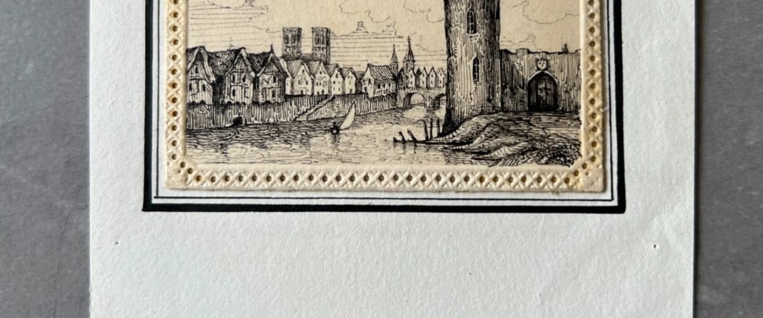 19th century Cityview, Houses, Town, Landscape, Castle Drawing Vintage Original - 7