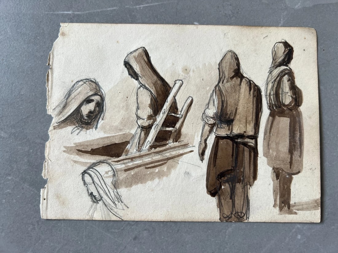 Antique Drawing Original Woman, Portrait, Man, Hands, Religious - 2