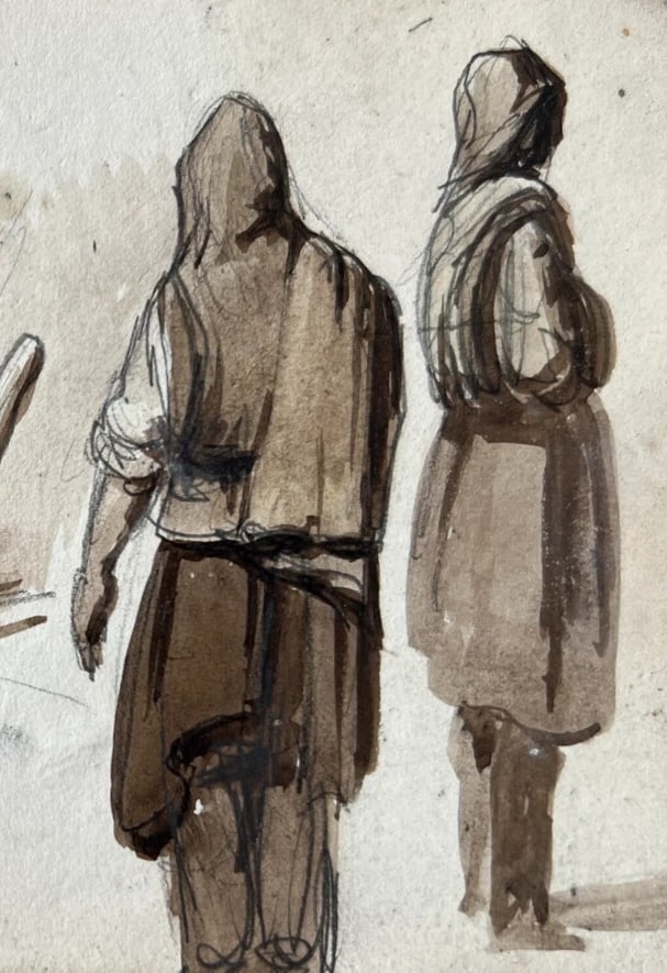 Antique Drawing Original Woman, Portrait, Man, Hands, Religious - 4