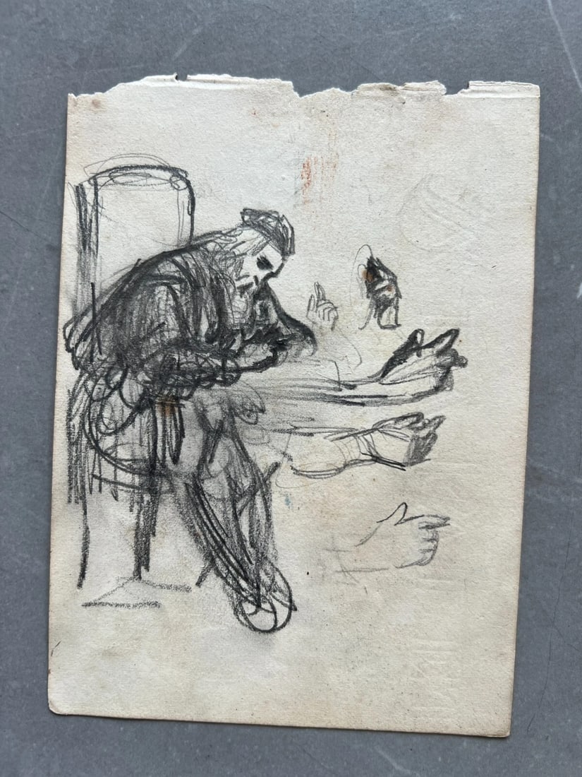 Antique Drawing Original Woman, Portrait, Man, Hands, Religious - 7