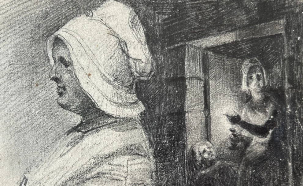 19th century Woman, Portrait, Family, Child, Life Scene Drawing Antique Original - 7