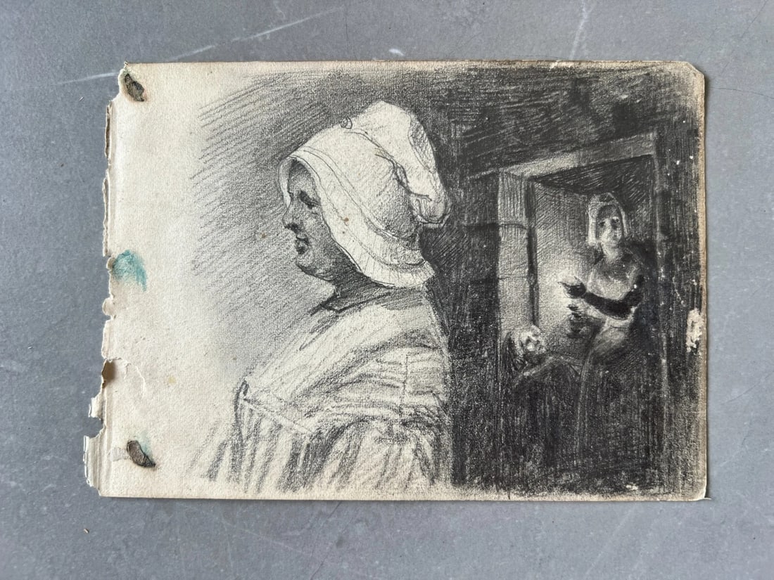 19th century Woman, Portrait, Family, Child, Life Scene Drawing Antique Original - 8