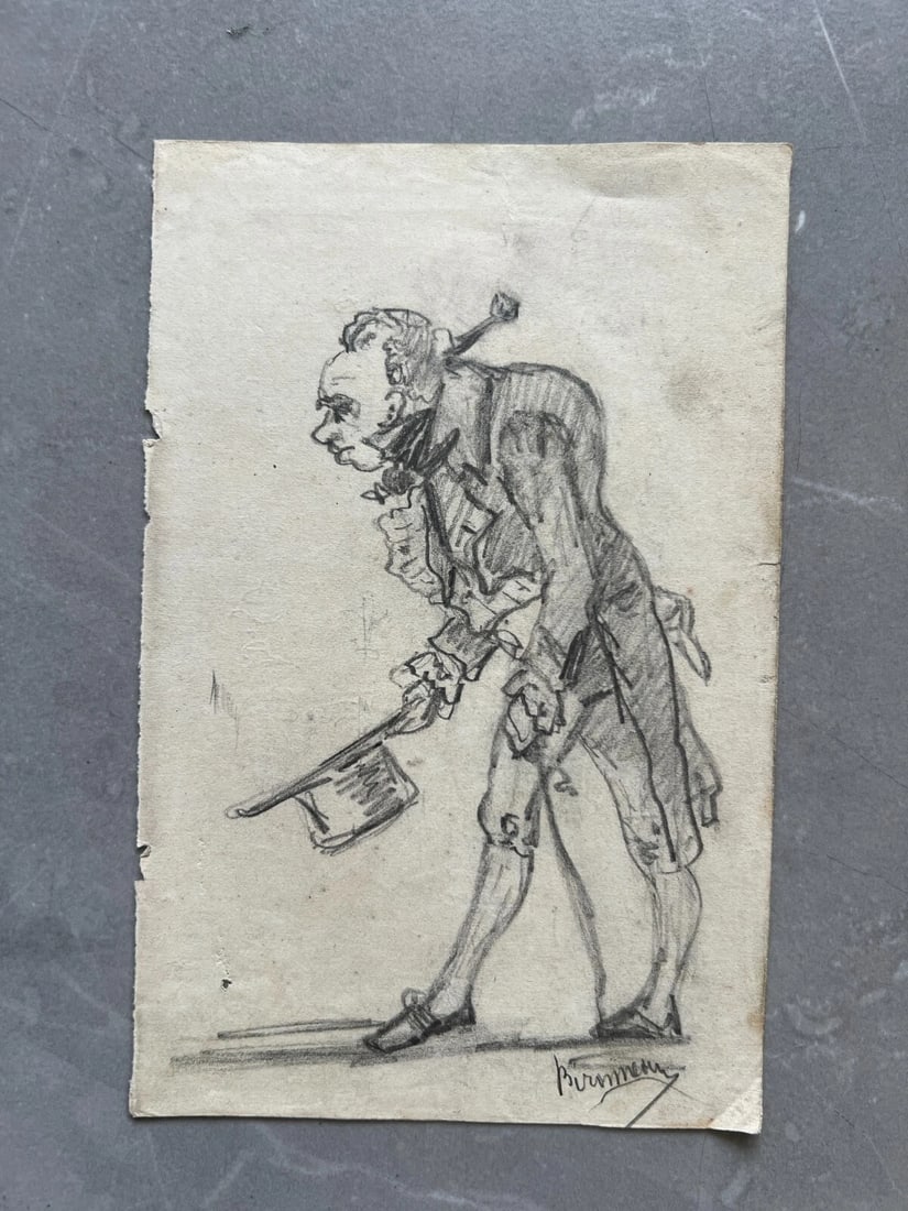 Antique Drawing Original Portrait, Man, Life Scene, Gentlemen signed - 2