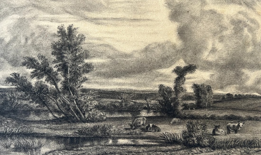 Antique Drawing Landscape, Trees, Cows, Forest, Lake 19 century (1 of 8)