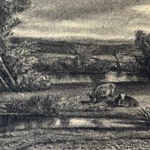 Antique Drawing Landscape, Trees, Cows, Forest, Lake 19 century - 3