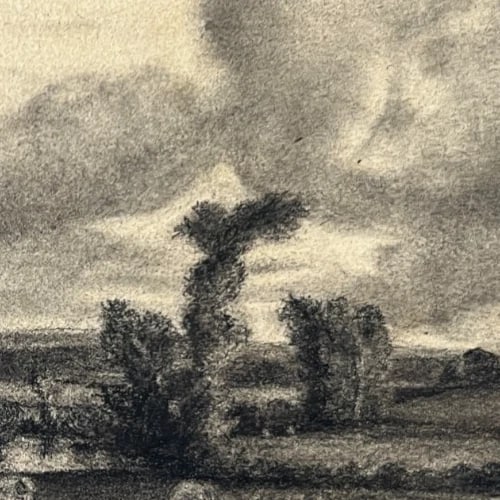 Antique Drawing Landscape, Trees, Cows, Forest, Lake 19 century - 4