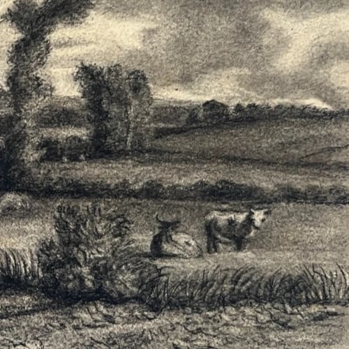 Antique Drawing Landscape, Trees, Cows, Forest, Lake 19 century - 5