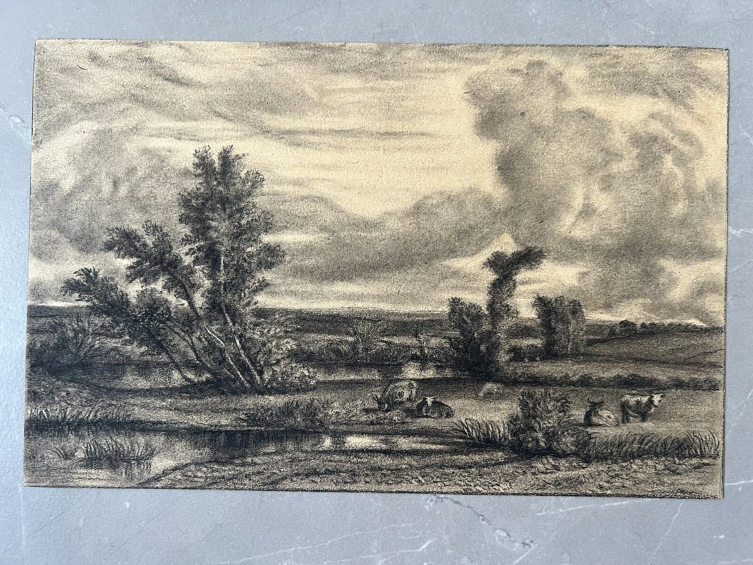 Antique Drawing Landscape, Trees, Cows, Forest, Lake 19 century - 7