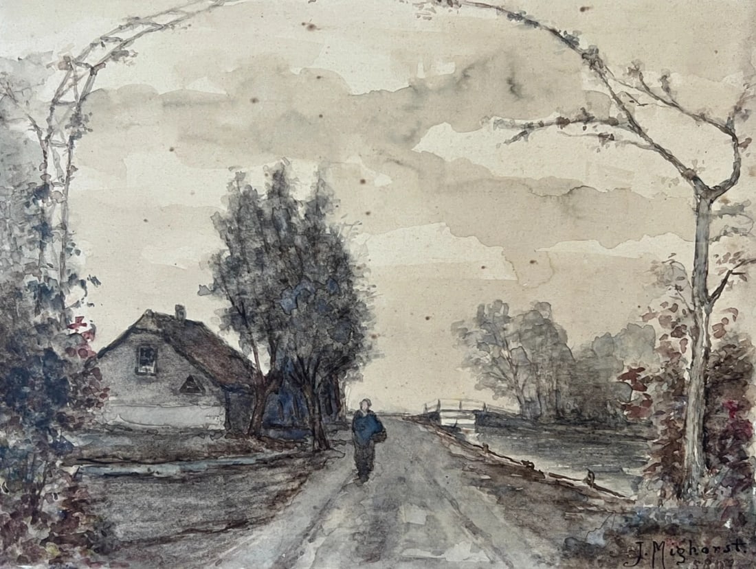 Antique Drawing Landscape, Woman, House, Trees 19 century Original signed (1 of 8)