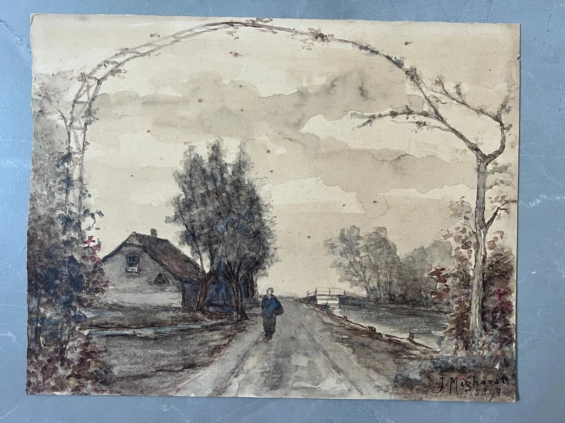 Antique Drawing Landscape, Woman, House, Trees 19 century Original signed - 2