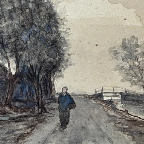 Antique Drawing Landscape, Woman, House, Trees 19 century Original signed - 3