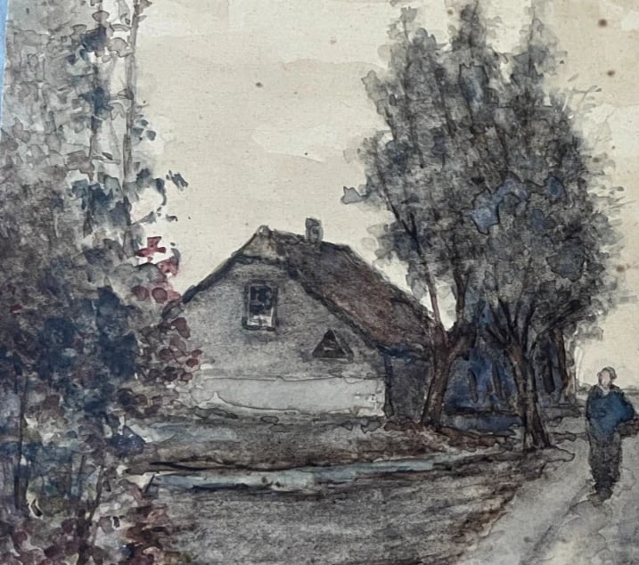 Antique Drawing Landscape, Woman, House, Trees 19 century Original signed - 4