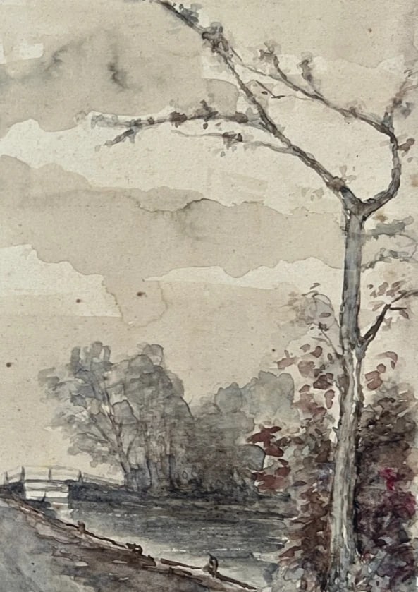 Antique Drawing Landscape, Woman, House, Trees 19 century Original signed - 5