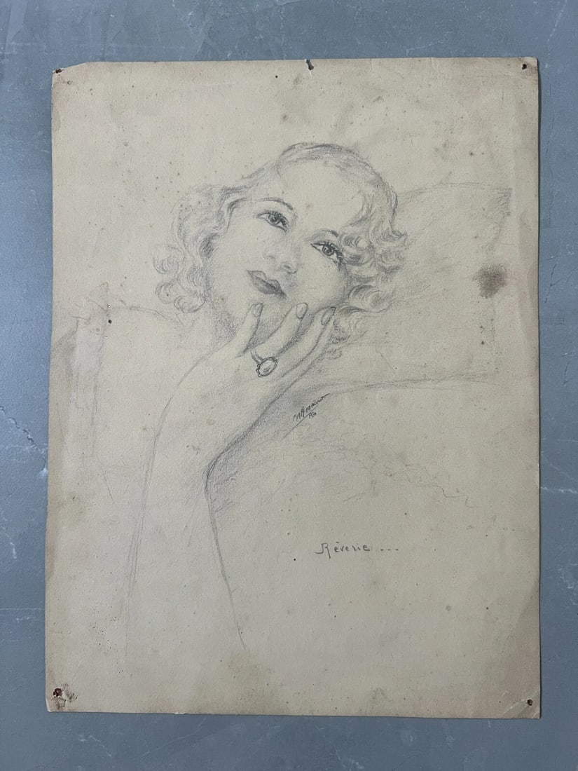 Antique Drawing Original Portrait Woman Dreaming Artwork - 7