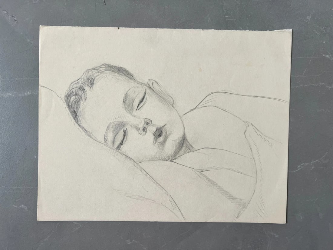 Original Antique Pencil Drawing Boy Portrait, Child, Sleeping Artwork - 7