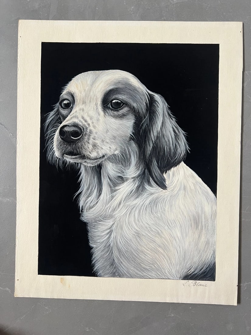 Antique Drawing Original Dog Portrait, Animal Artwork signed - 2