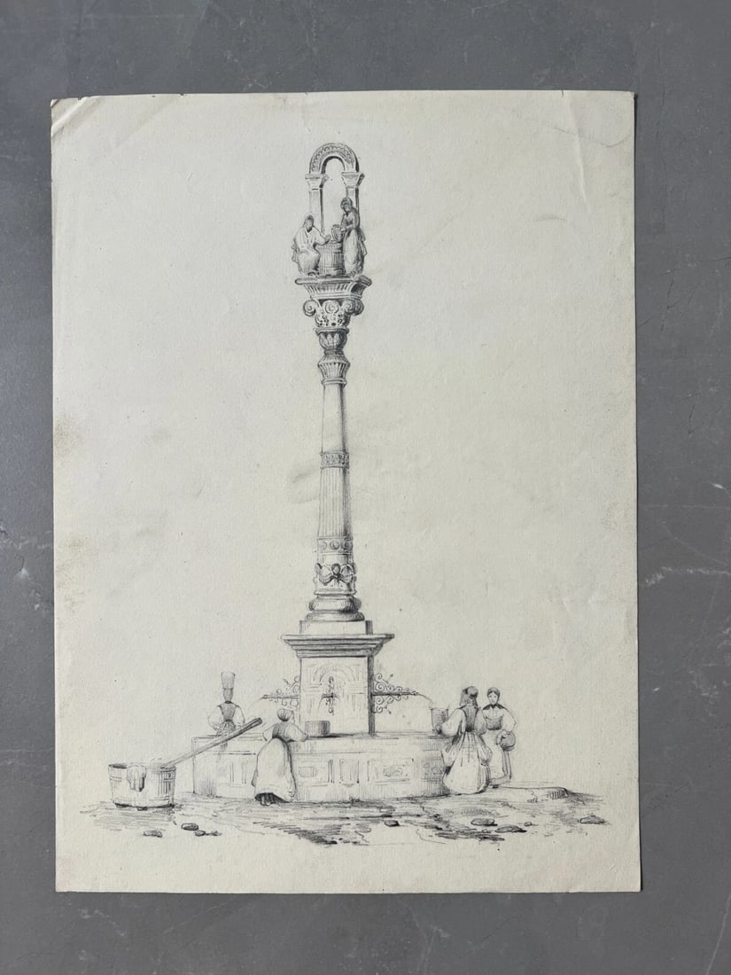 Antique Drawing Landscape, Column, People, Life Scene 19th century Artwork - 7