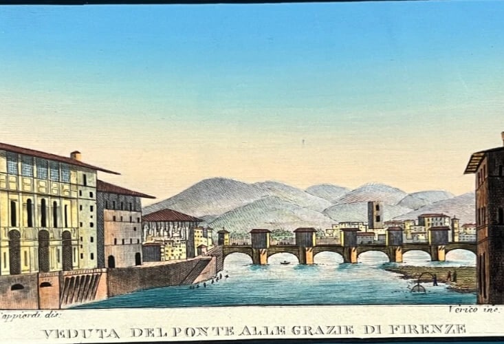 Antique Print Original Cityview Ponte Grazie Firenze, Architecture 19th century: Title: Antique Print Original Cityview Ponte Grazie Firenze, Architecture 19th century Description: Gouache on paper 12.5 x 21 cm / 4.92 x 9.44 inches folds, stains Reserve: $50.00 