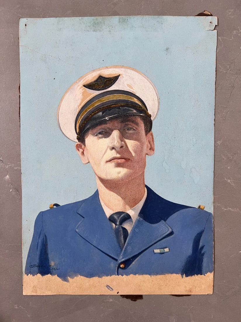 Original Antique Drawing Man Portrait, Aviator, Plane Worker Artwork - 7