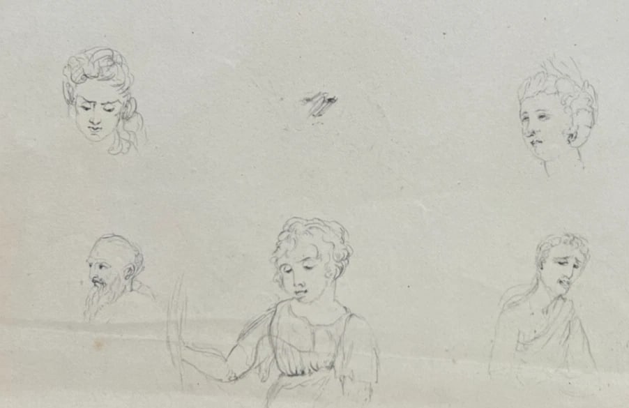 Original Antique Drawing Woman, Men, Children, Portrait 19th century (1 of 8)