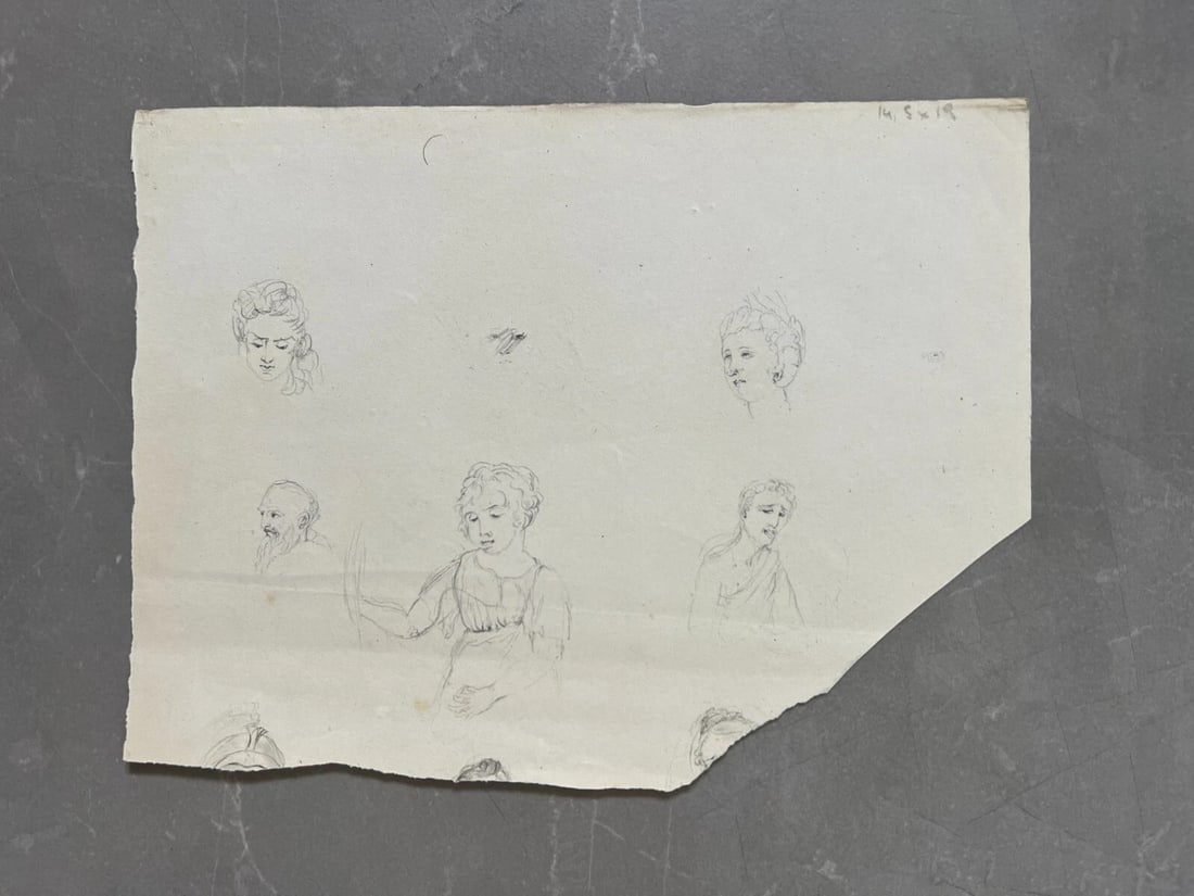 Original Antique Drawing Woman, Men, Children, Portrait 19th century - 3