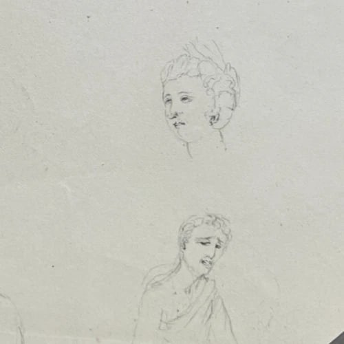 Original Antique Drawing Woman, Men, Children, Portrait 19th century - 7