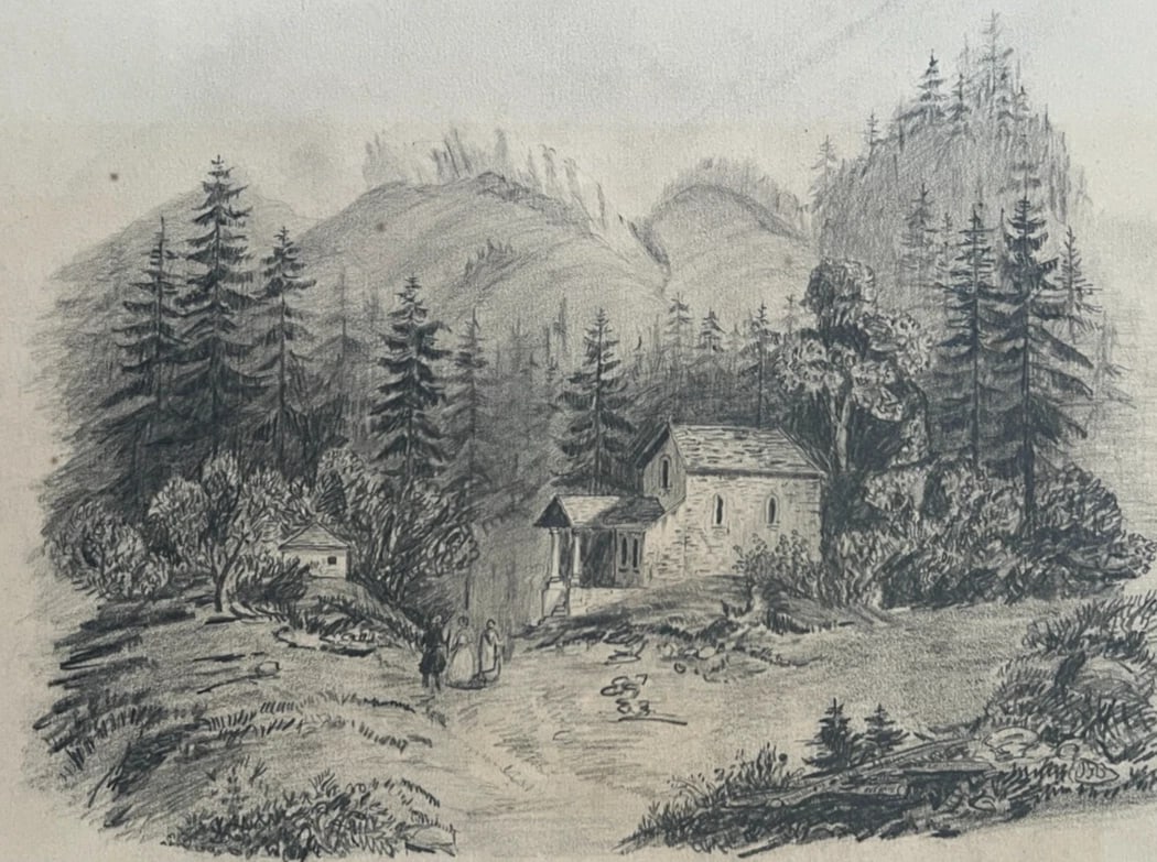 Original Antique Drawing Landscape, Trees, House, People 19th century signed (1 of 8)