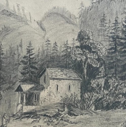 Original Antique Drawing Landscape, Trees, House, People 19th century signed - 4