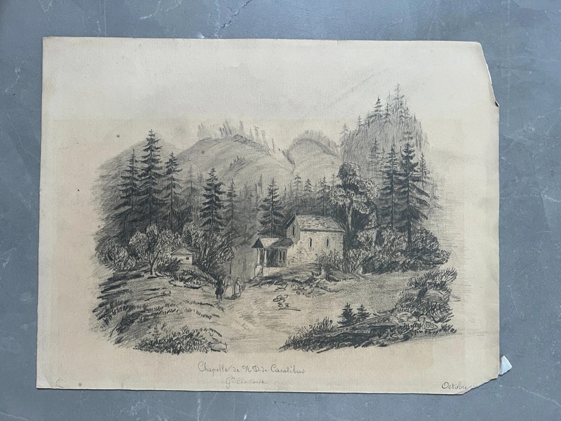 Original Antique Drawing Landscape, Trees, House, People 19th century signed - 7