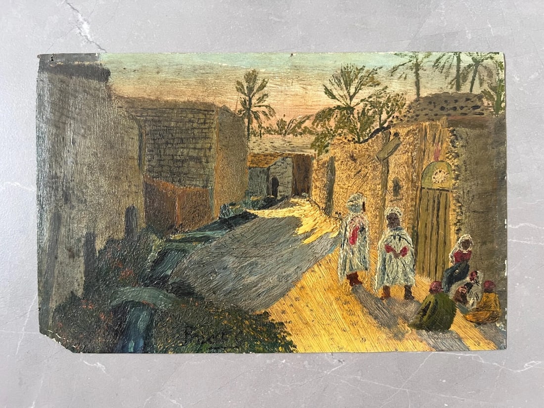 Antique Painting Original Orientalist Landscape, Houses, Village 19th century - 2