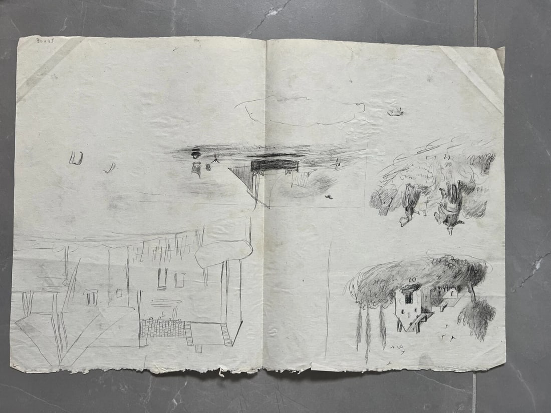 19th century People, Horse, Boat, Houses - Drawing Antique Original - 2