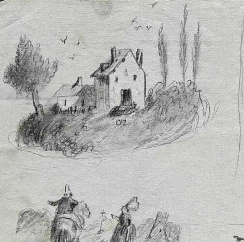 19th century People, Horse, Boat, Houses - Drawing Antique Original - 3