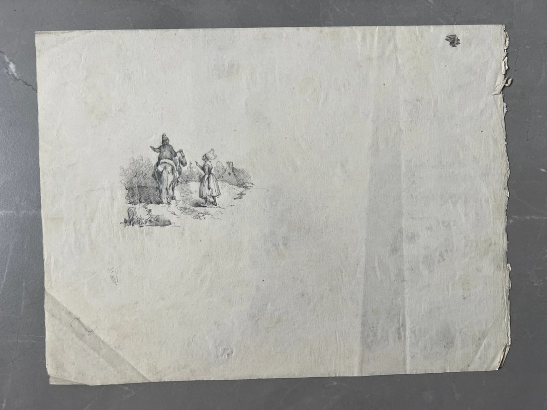 19th century People, Horse, Boat, Houses - Drawing Antique Original - 7