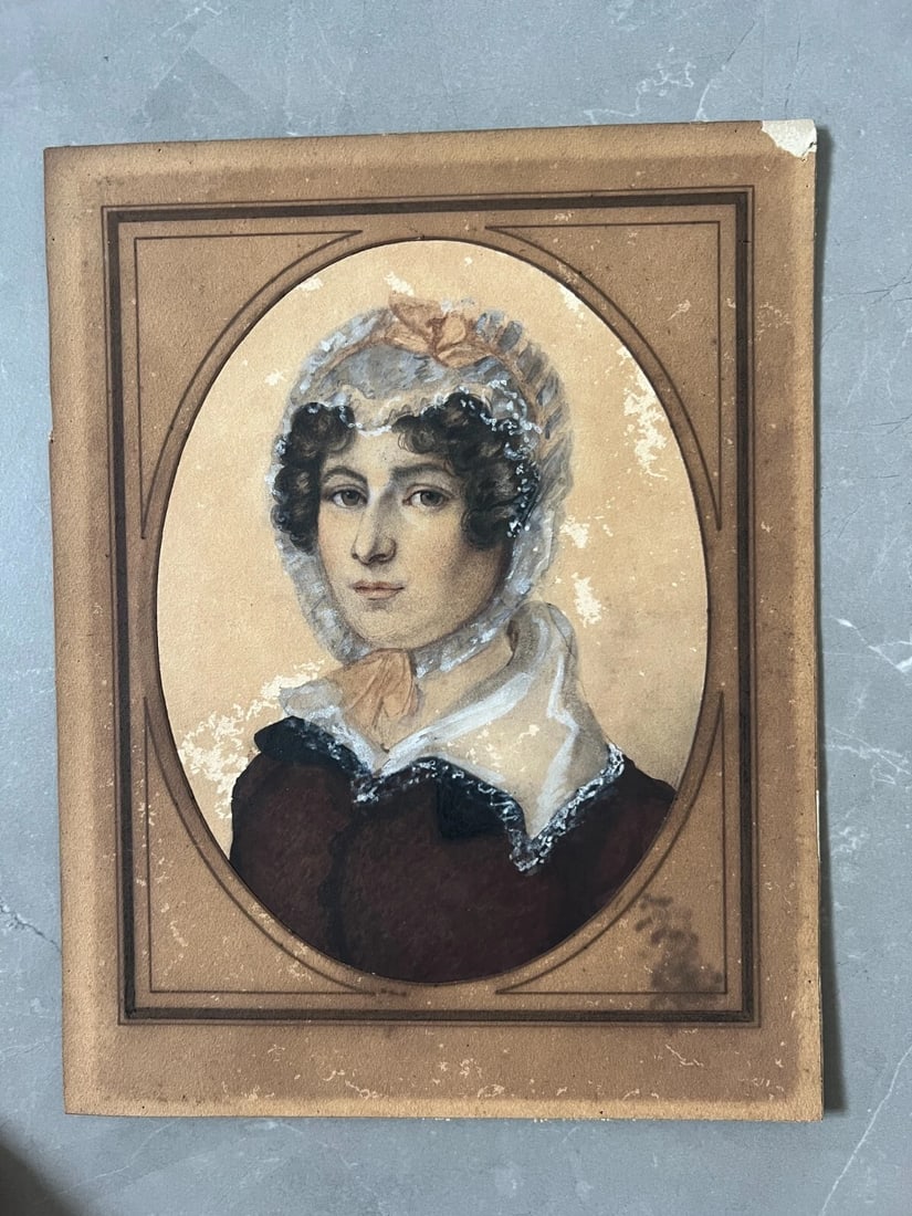 Antique Original Drawing Woman Portrait, Hat 19th century - 2