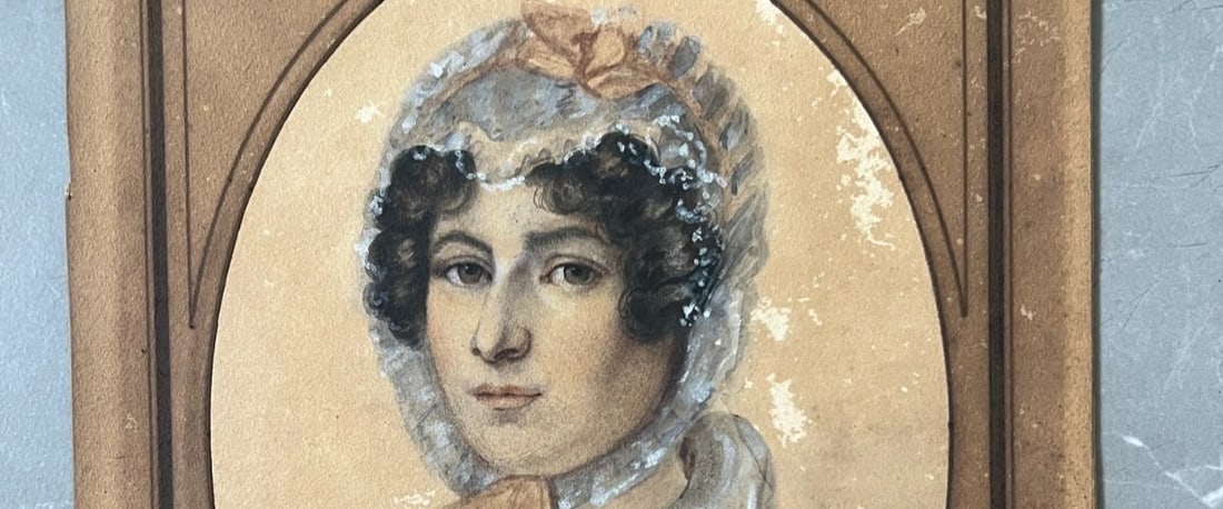 Antique Original Drawing Woman Portrait, Hat 19th century - 4