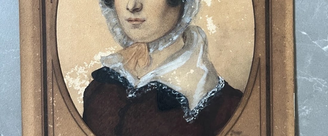 Antique Original Drawing Woman Portrait, Hat 19th century - 5