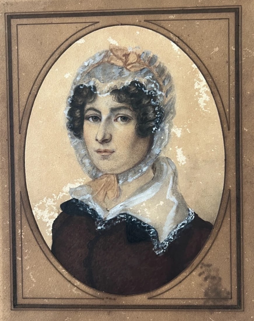 Antique Original Drawing Woman Portrait, Hat 19th century - 6