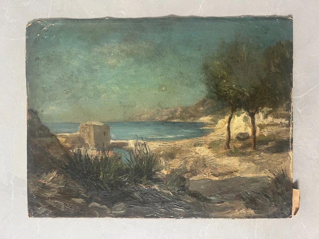 Antique Oil Original Painting Seaview, Tree, House, Seascape - 2