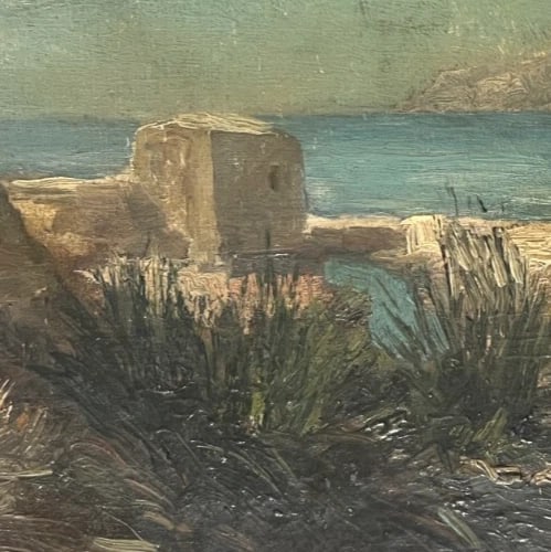 Antique Oil Original Painting Seaview, Tree, House, Seascape - 3